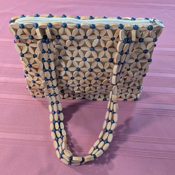 Artist Liang Quan Wooden Bead Flower Design Lined Zippered Purse - Picture 15 of 15